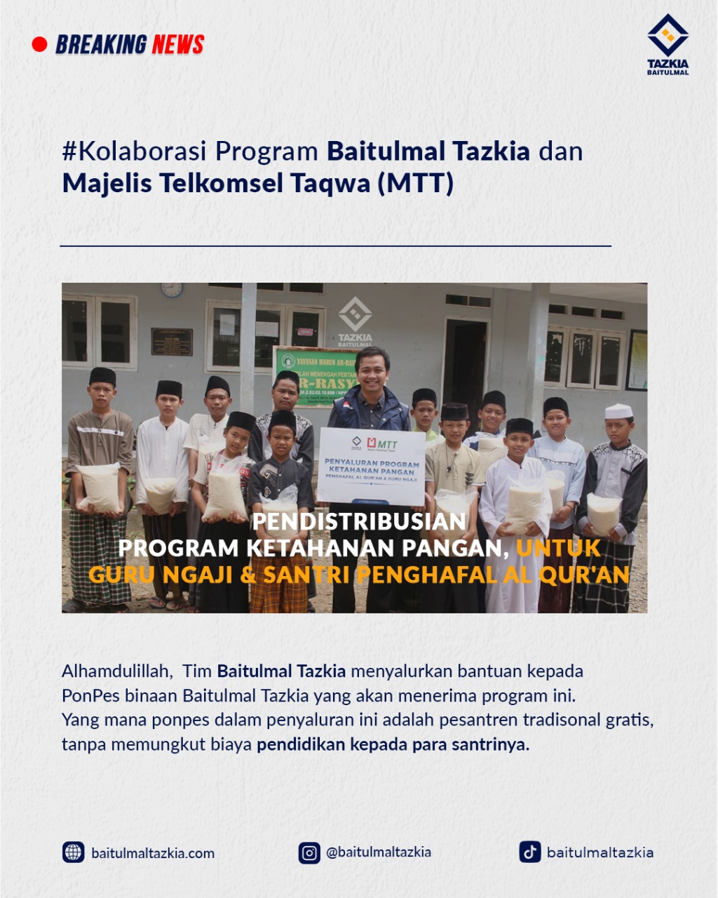 Kolaborasi Baitulmal Tazkia dan Majelis Telkomsel Taqwa Untuk Guru Ngaji dan Santri Penghafal Al Qur’an